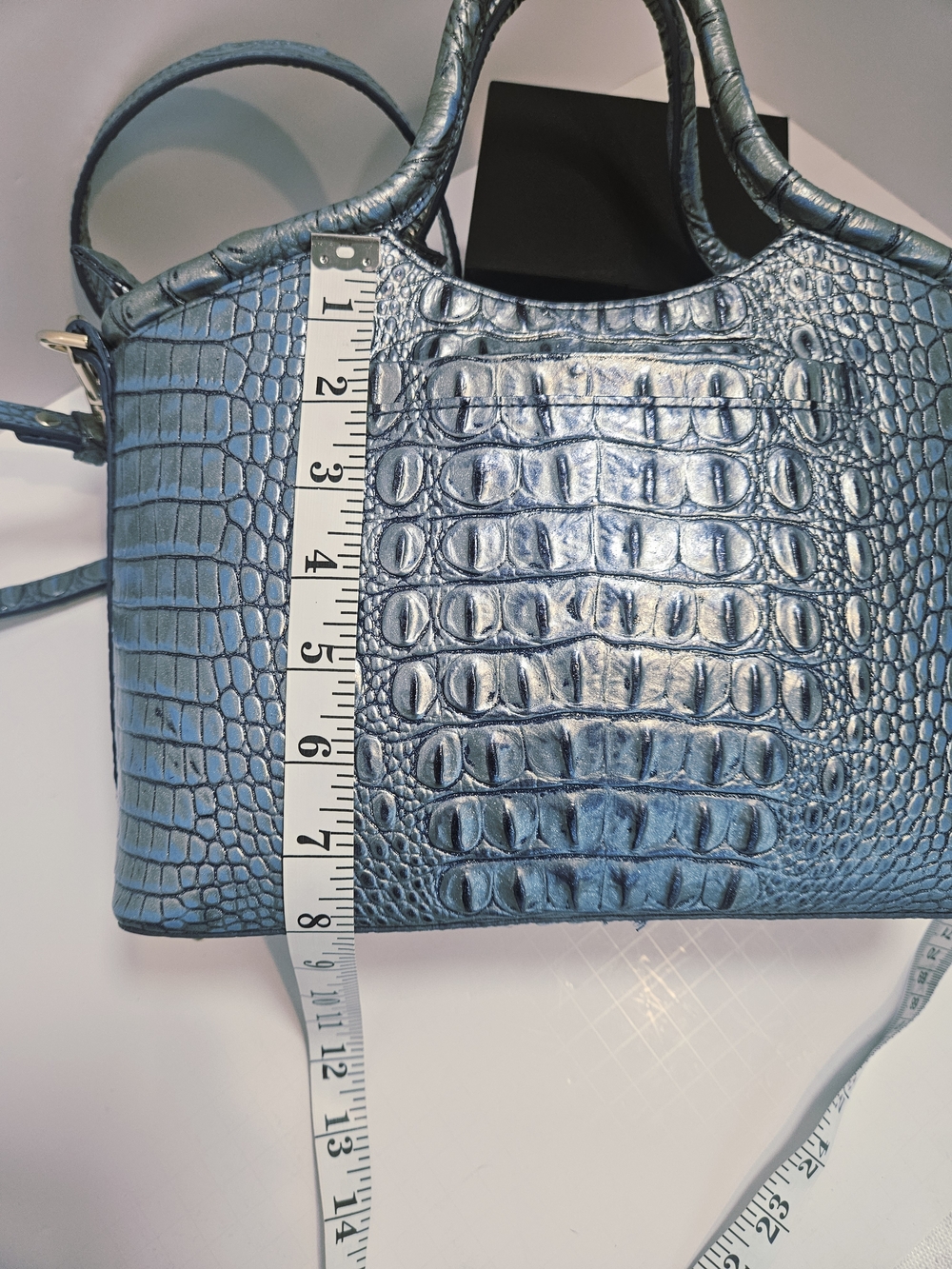NWOT Brahmin Duxbury Satchel Blue Metallic Croc Embossed Leather Handbag + Strap - Picture 4 of 16